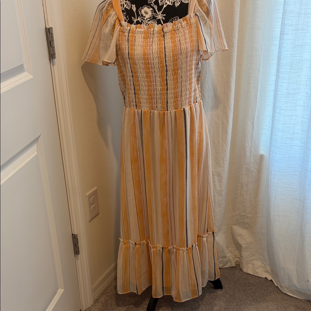 LC Lauren Conrad Off-Shoulder Striped Maxi Dress in Orange and Cream